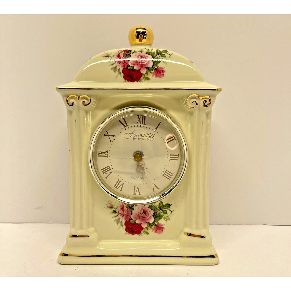 Formalities Baum Bros Victorian Rose Porcelain Clock Gold Trim - Vintage